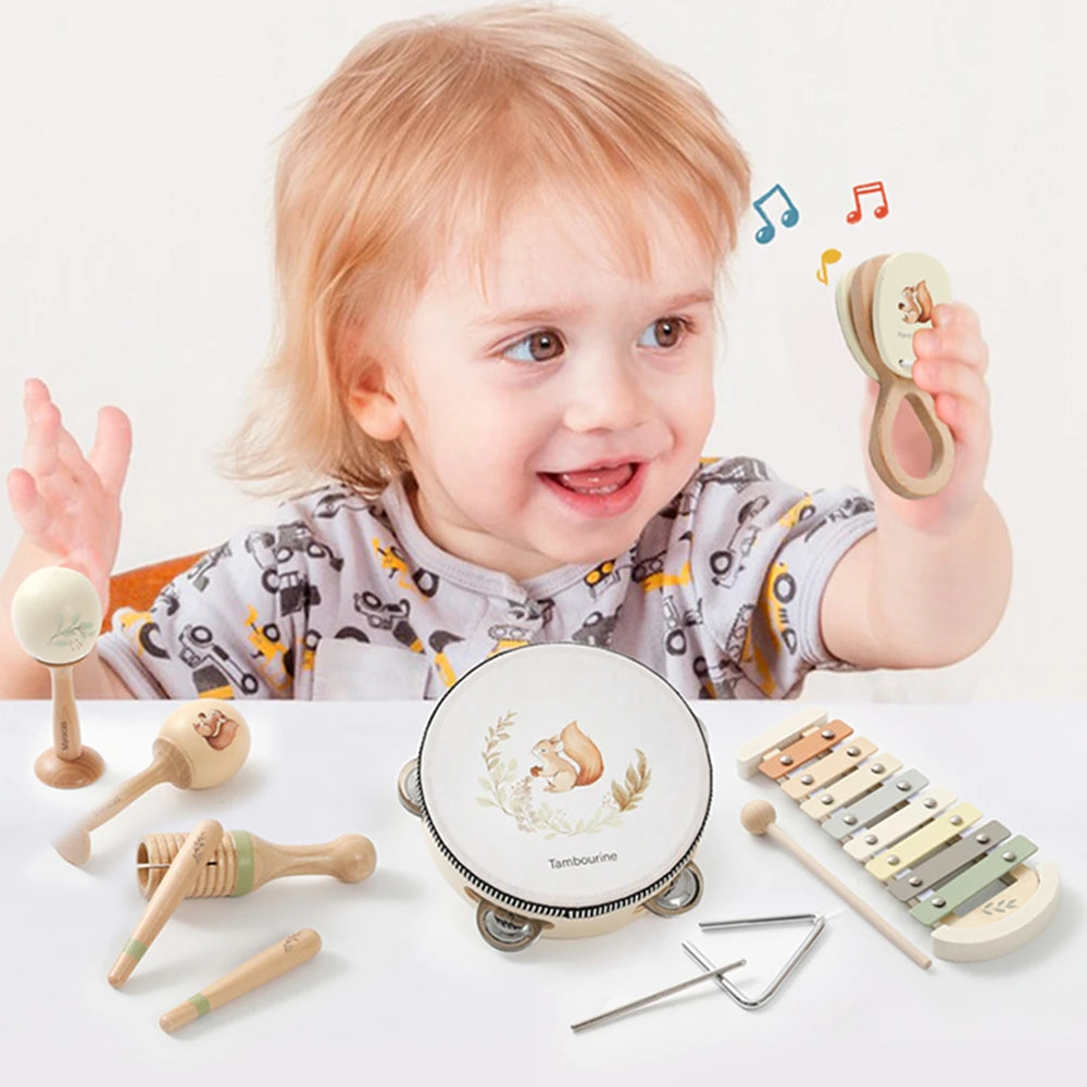 Kids Wooden Montessori Toys Musical Instruments Rattle Toys Wooden Squirrel Percussion Instruments Preschool Educational Toys