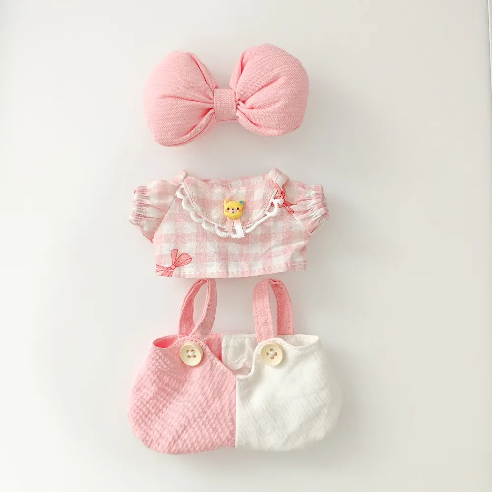 Doll Clothes For 15/17cm Labubu Plaid Shirt Jumpsuit Bow Tie Headdress 3PCS/Pack Plush Cotton Idol Doll Universal Accessories