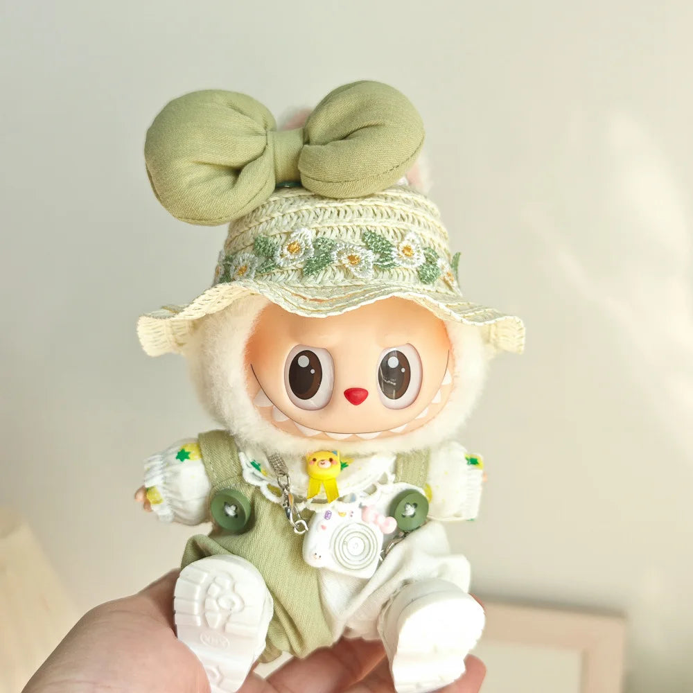 Doll Clothes For 15/17cm Labubu Plaid Shirt Jumpsuit Bow Tie Headdress 3PCS/Pack Plush Cotton Idol Doll Universal Accessories