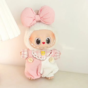 Doll Clothes For 15/17cm Labubu Plaid Shirt Jumpsuit Bow Tie Headdress 3PCS/Pack Plush Cotton Idol Doll Universal Accessories
