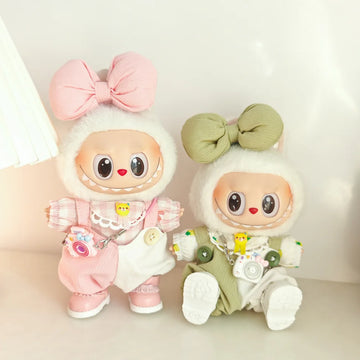 Doll Clothes For 15/17cm Labubu Plaid Shirt Jumpsuit Bow Tie Headdress 3PCS/Pack Plush Cotton Idol Doll Universal Accessories