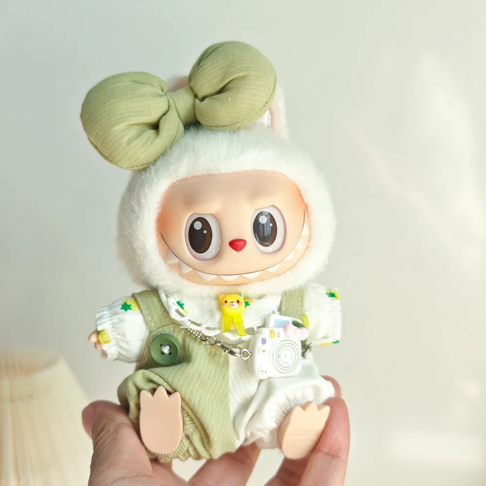 Doll Clothes For 15/17cm Labubu Plaid Shirt Jumpsuit Bow Tie Headdress 3PCS/Pack Plush Cotton Idol Doll Universal Accessories
