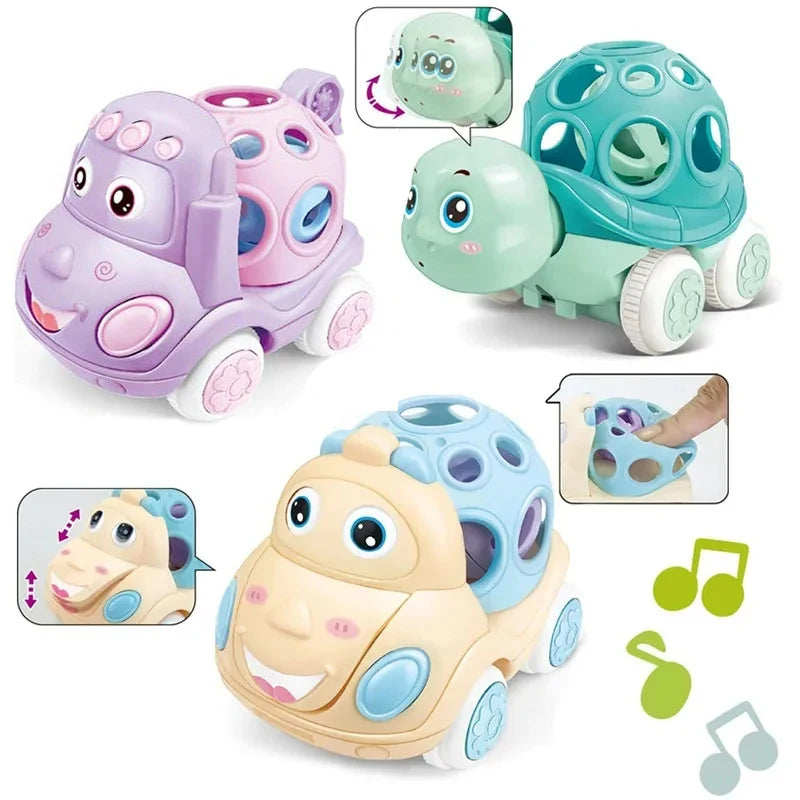 Baby Car Toys for 6 12 Months Friction Car Infant Soft Rubber Inertial Push and Go Vehicles Roll Car Hand Rattle Gift for Kids