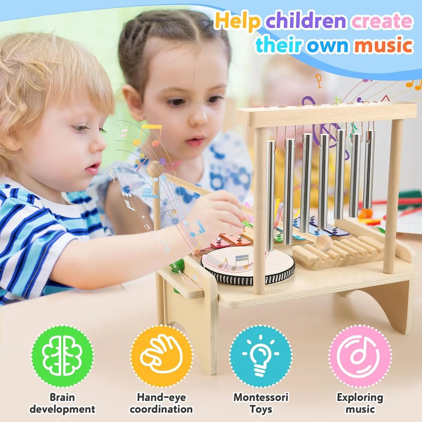 Kids Drum Set For Toddler Musical Instrument Toys Montessori Wooden Percussion Drum Sensory Toys Xylophone Kit Educational Toys