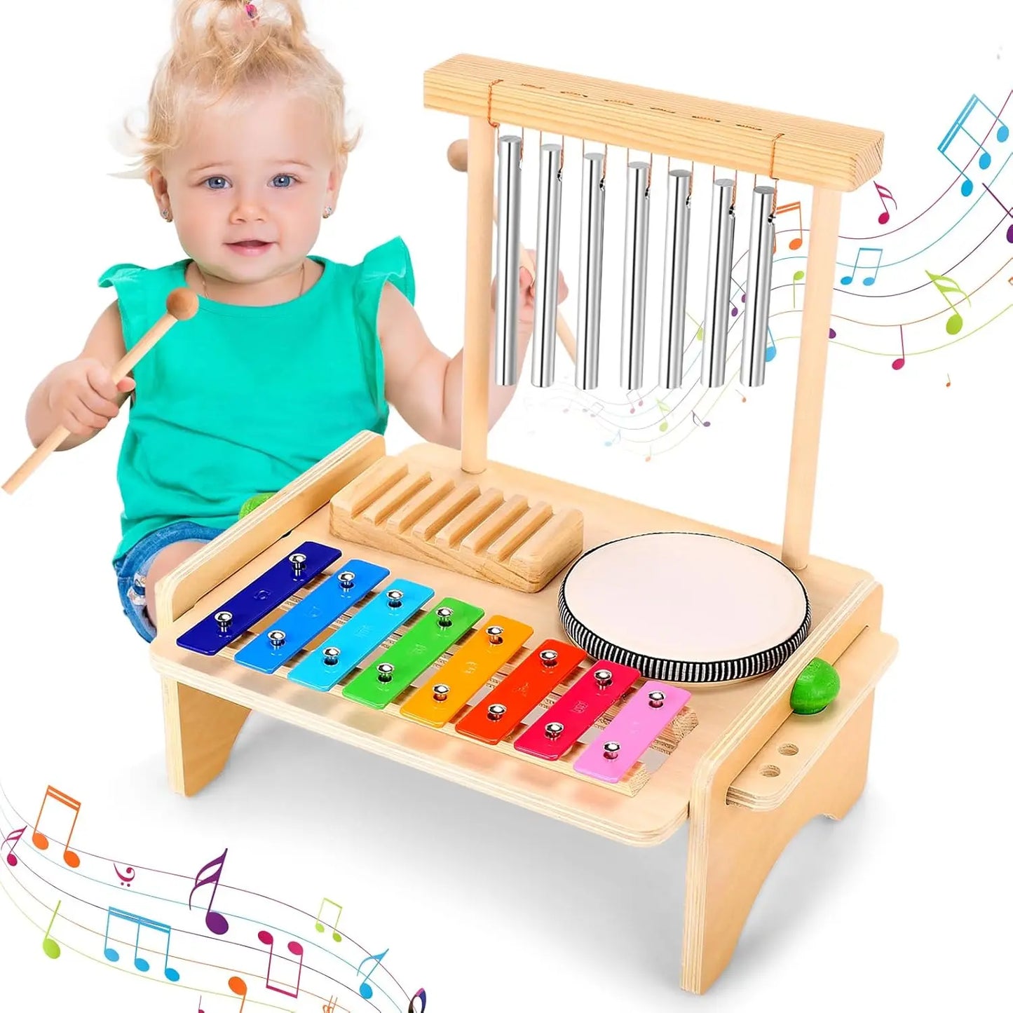 Kids Drum Set For Toddler Musical Instrument Toys Montessori Wooden Percussion Drum Sensory Toys Xylophone Kit Educational Toys