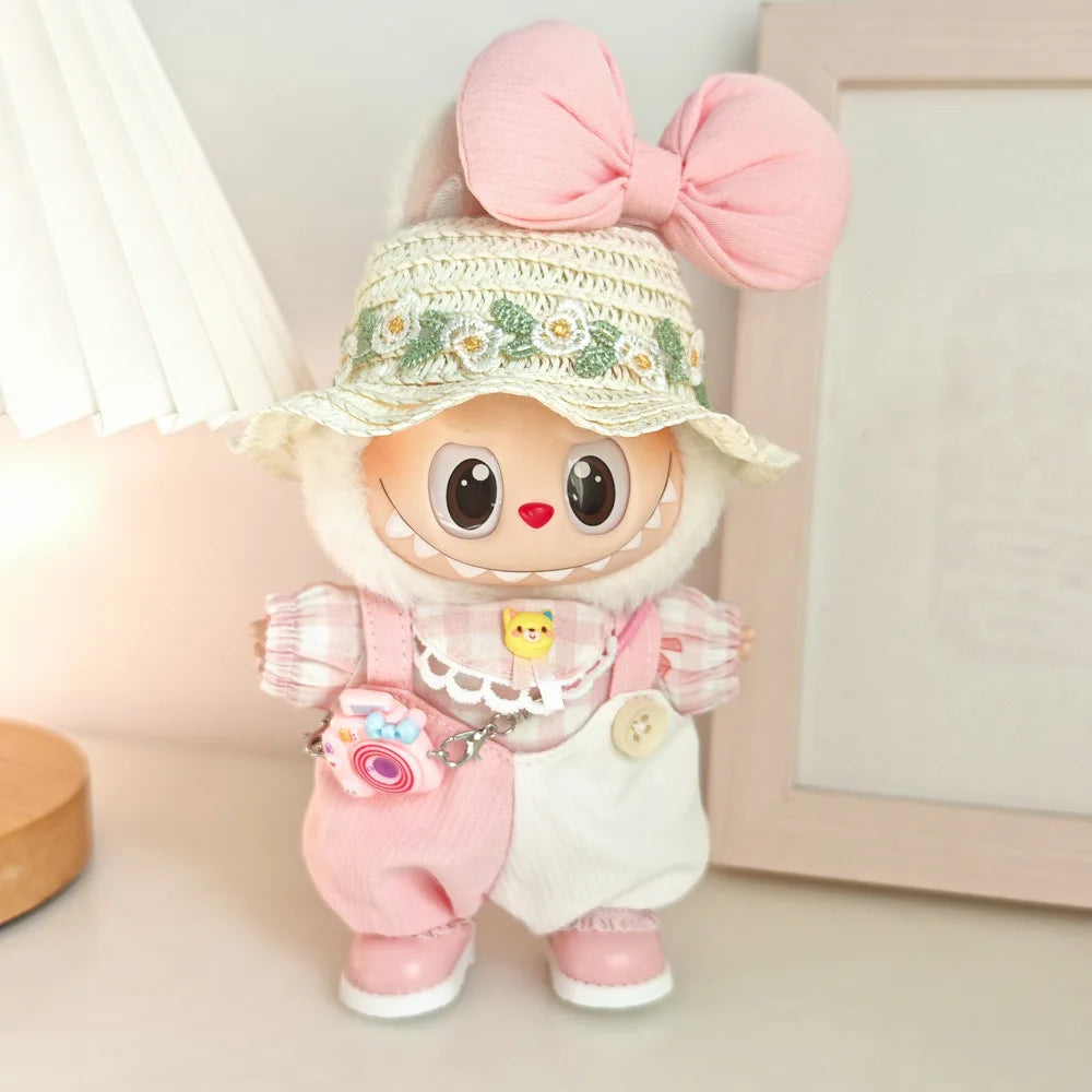 Doll Clothes For 15/17cm Labubu Plaid Shirt Jumpsuit Bow Tie Headdress 3PCS/Pack Plush Cotton Idol Doll Universal Accessories
