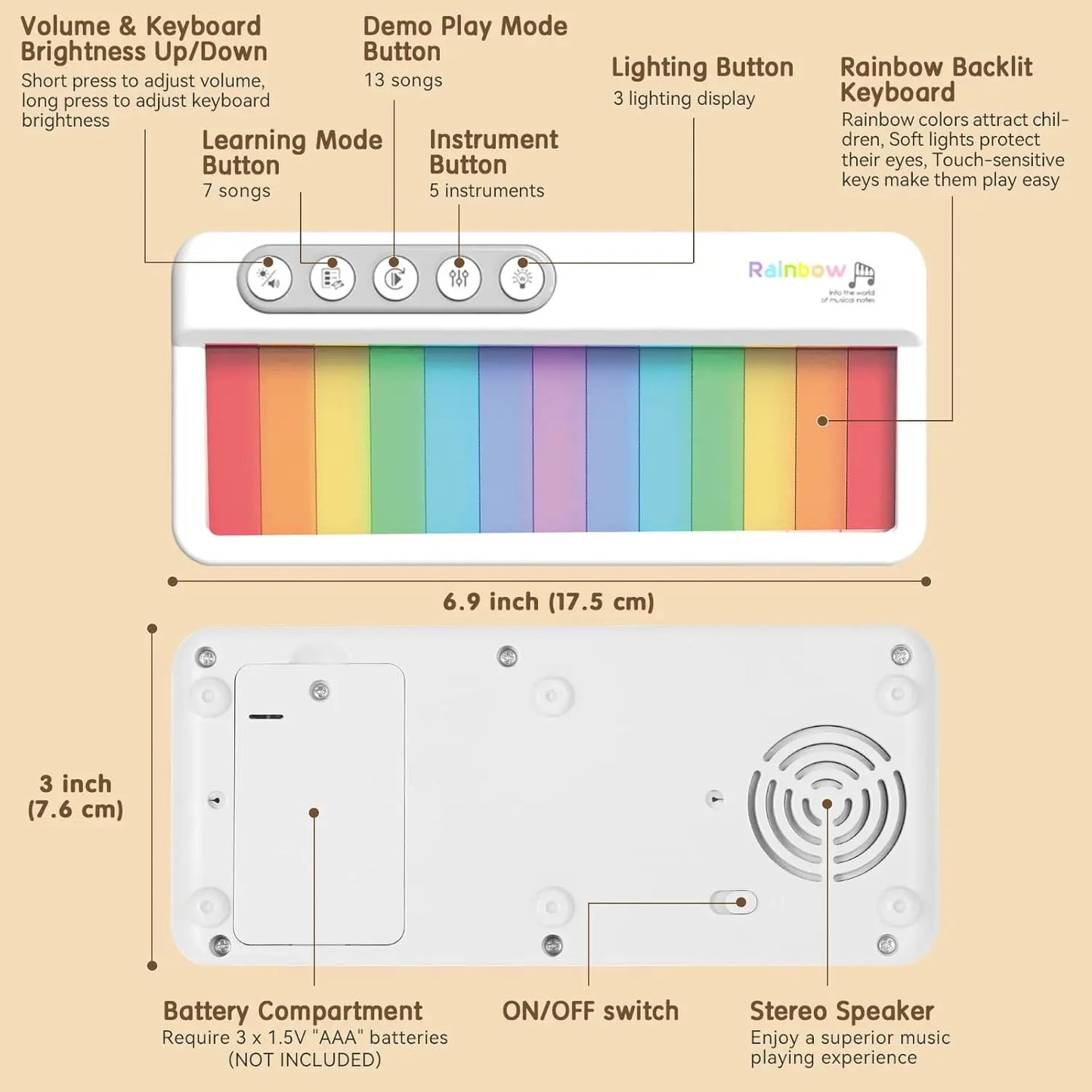 Kid's Musical Instrument Toys Multifunctional Electronic Piano Baby Pocket Piano Musical Instrument Baby Rainbow Light Music Box