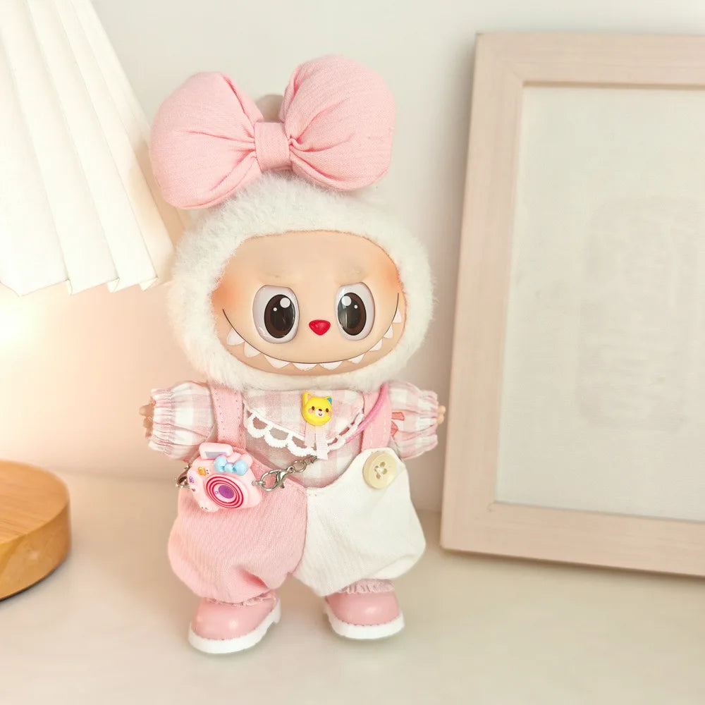 Doll Clothes For 15/17cm Labubu Plaid Shirt Jumpsuit Bow Tie Headdress 3PCS/Pack Plush Cotton Idol Doll Universal Accessories